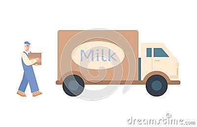 Milk plant worker loading dairy into van, cartoon vector illustration isolated. Vector Illustration