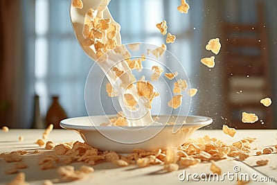 Milk pouring into bowl with flying cornflakes. Stock Photo