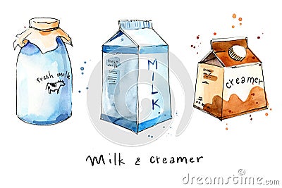 Milk prducts in various packaging watercolor sketch Stock Photo