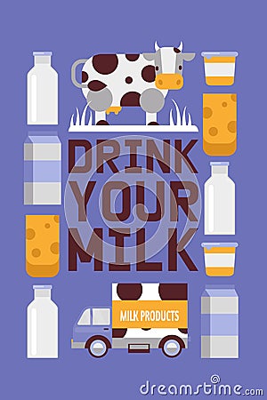 Milk products farm promo vector poster. Dairy milk products in truck, hard cheese, milk in jug or pack with curd in bowl Vector Illustration