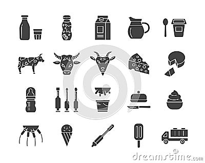 Milk products flat glyph icon set with yogurt, cheese, ice cream, cow, goat, milk carrier. Dairy vector illustration Vector Illustration