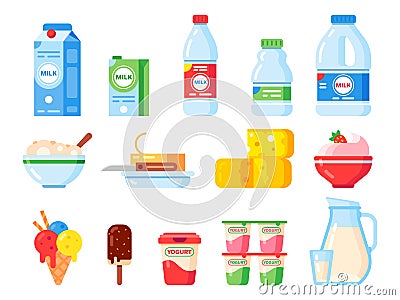 Milk products. Healthy diet yogurt, ice cream and milk cheese. Fresh dairy product isolated vector flat icons collection Vector Illustration