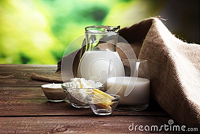 milk products. tasty healthy dairy products on a table. Stock Photo