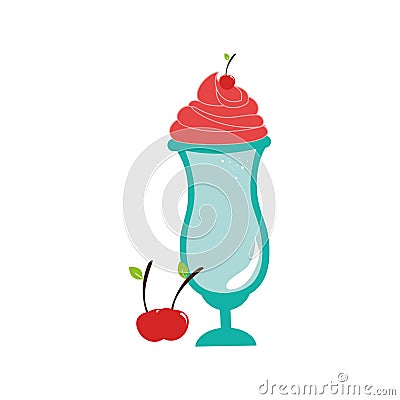 Milk shake drink in glass cup with cherries Vector Illustration