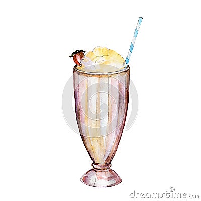 The milk shake in glass, watercolor illustration Cartoon Illustration