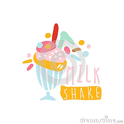 Milk shake logo template, colorful element for restaurant, bar, cafe, menu, sweet shop, hand drawn vector illustration Vector Illustration