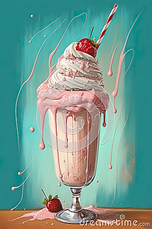 Milk Shake Strawberry Flavour Retro Style Painting - Generative AI Stock Photo