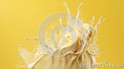 Milk splash with bananas. Sweet dessert cream sweet. Milkshake concept. Generative AI Stock Photo