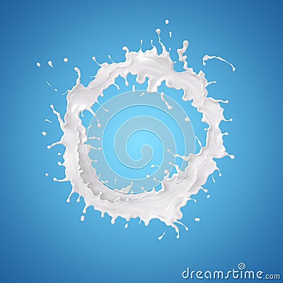 Milk splash in circle shape Isolated on blue background, Milk sp Cartoon Illustration