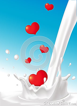 Milk splash pour milk falling heart design - love vector Vector Illustration