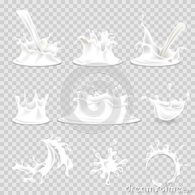 Milk splash pouring drops vector 3d realistic isolated icons set Vector Illustration