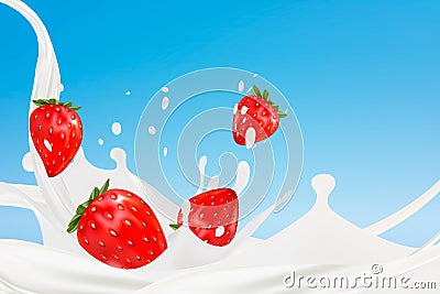 Milk Splash with Strawberries. Realistic vector 3d illustration created by mesh. 3d render. Vector Illustration