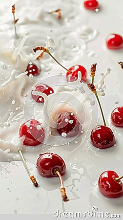 Milk splash surrounds fresh red cherries on pristine white background Stock Photo