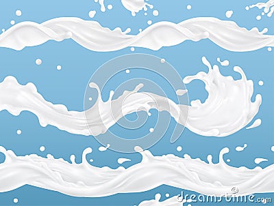 Milk splash wave seamless vector pattern. 3d vector set. Package design Vector Illustration