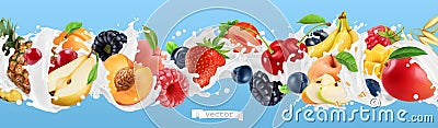 Milk splash. Yogurt with fruits and berries. 3d vector realistic set Vector Illustration