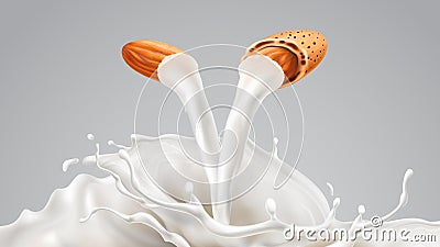 Milk splashing effect with halves of almond. Beverage pouring down from nuts. Design element for advertising Vector Illustration