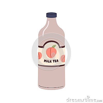 Milk tea, cold cooling beverage in bottle. Fresh sweet fruit liquid in closed jar with lid. Healthy summer refreshment Cartoon Illustration