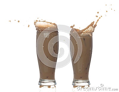 Milk Tea fall pouring down in Shape form line. Milk Ice coffee splash spill drop droplet out of glass, chocolate cocoa attack Stock Photo