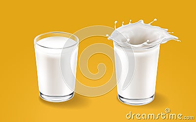 Milk and transparent cup elements isolated on warm background. Liquid splash in glass cup. Milk pours out. Vector 3d Vector Illustration