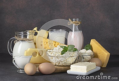 Dairy products, Milk, Yogurt, Ayran, Sour Cream, Several types of Cheese, Cottage Cheese, Butter and Chicken Eggs on Stock Photo