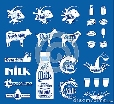 Milk, yogurt or cream splashes, icons and design elements Vector Illustration