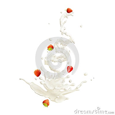 Milk or yogurt splash with strawpberries and droplets isolated. 3D illustration Cartoon Illustration