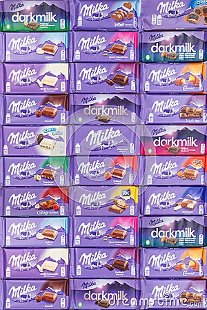 Milka chocolate chocolates different types variety background portrait format Editorial Stock Photo