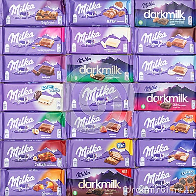 Milka chocolate chocolates different types variety background square Editorial Stock Photo