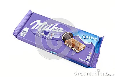 Milka OREO alpine milk chocolate isolated on white background Editorial Stock Photo