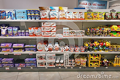 Chocolate store shelf in Travel Free shop. Skofije, Slovenia. Editorial Stock Photo