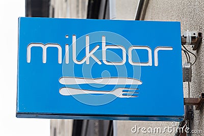 Milkbar logo on milkbar Tomasza restaurant Editorial Stock Photo