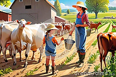 Milking cows farm life livestock chores Cartoon Illustration