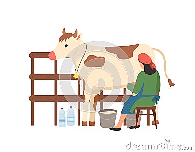 Milkmaid Person with Cow, Agriculture and Breeding Vector Illustration
