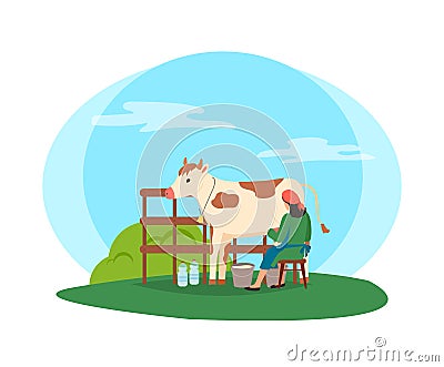 Milkmaid Person with Cow, Agriculture and Breeding Vector Illustration