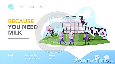 Milkman Landing Page Template. Characters Working on Animal Farm Milking Cow or Delivering Dairy Production to Customers Vector Illustration