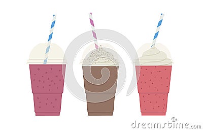 Set of three healthy diet smoothie and milkshakes, with chocolate, berries, raspberry, strawberry, whipping cream Vector Illustration