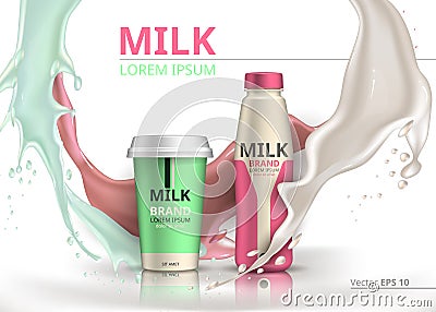 Milkshake bottles package mock up Realistic Vector. Milk splash background Vector Illustration