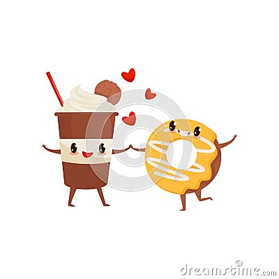 Milkshake and glazed donut are friends forever, fast food menu funny cartoon characters vector Illustration on a white Vector Illustration