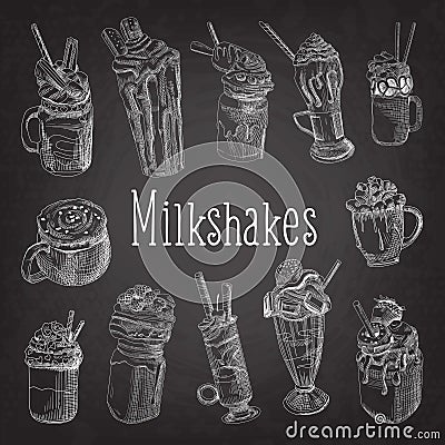 Milkshake and Ice Cream Hand Drawn Doodle. Dessert Drinks on Chalkboard Vector Illustration