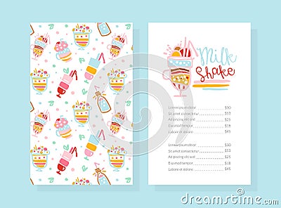 Milkshake Menu Template Design with Space for Text, Healthy Ice Cream Drinks and Fresh Milk Beverages Card, Flyer Vector Illustration
