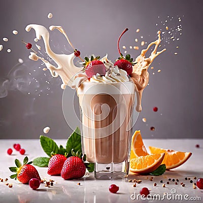 Milkshake, sweet cold milk beverage, with cream and syrup Stock Photo
