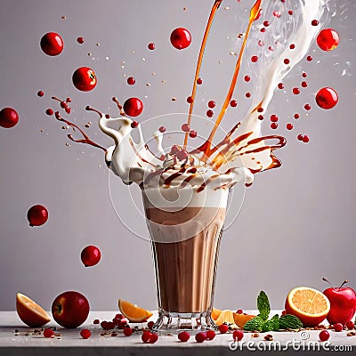 Milkshake, sweet cold milk beverage, with cream and syrup Stock Photo