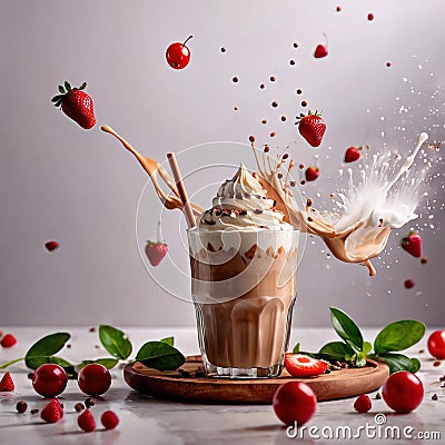 Milkshake, sweet cold milk beverage, with cream and syrup Stock Photo