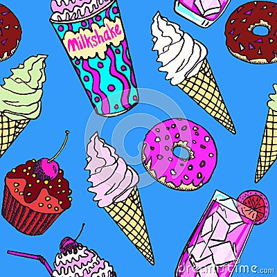 Milkshake, sweet drink, ice creams, donuts and chocolate cupcakes with cherry Stock Photo