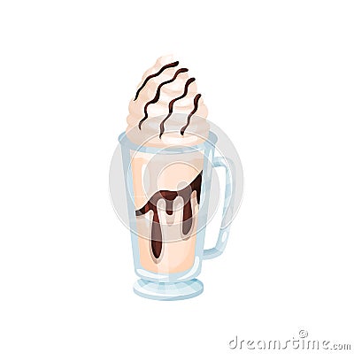 Milkshake with whipped cream and chocolate syrup, refreshment beverage in glass cup cartoon vector Illustration Vector Illustration