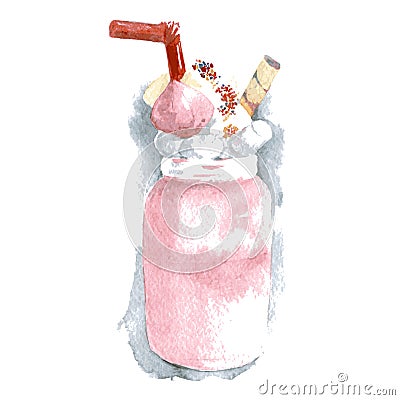 Milkshake with whipped cream, meringue, marshmallow, confectionery sprinkles, with a tube in a transparent mug. Watercolor Cartoon Illustration