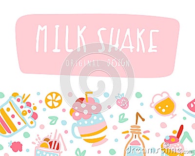 Milkshakes Banner, Delicious Healthy Ice Cream Drinks and Fresh Milk Beverages Seamless Pattern Vector Illustration Vector Illustration