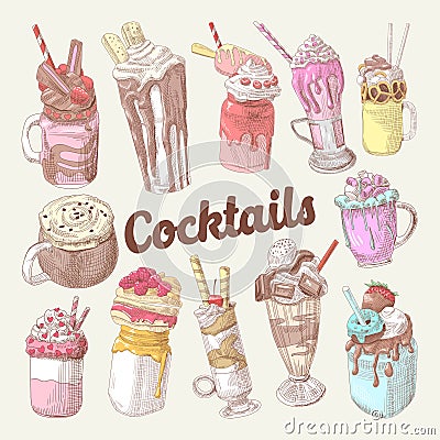 Milkshakes and Ice Cream Hand Drawn Doodle. Dessert Drinks Vector Illustration