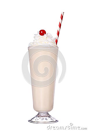 Milkshakes vanilla flavor with cherry on top and whipped cream Stock Photo