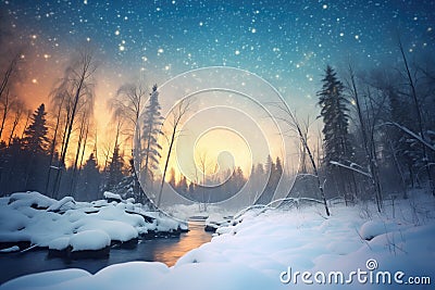 milky way arching over wintry forest Stock Photo